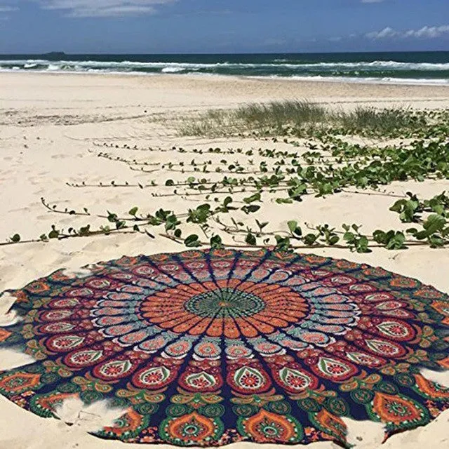 150cm Bedding Round Beach Scarf Fire Peacock Mandala Chiffon Beach Swim Towels Bohemia Bain Para Playa Toallas Pashmina LM93