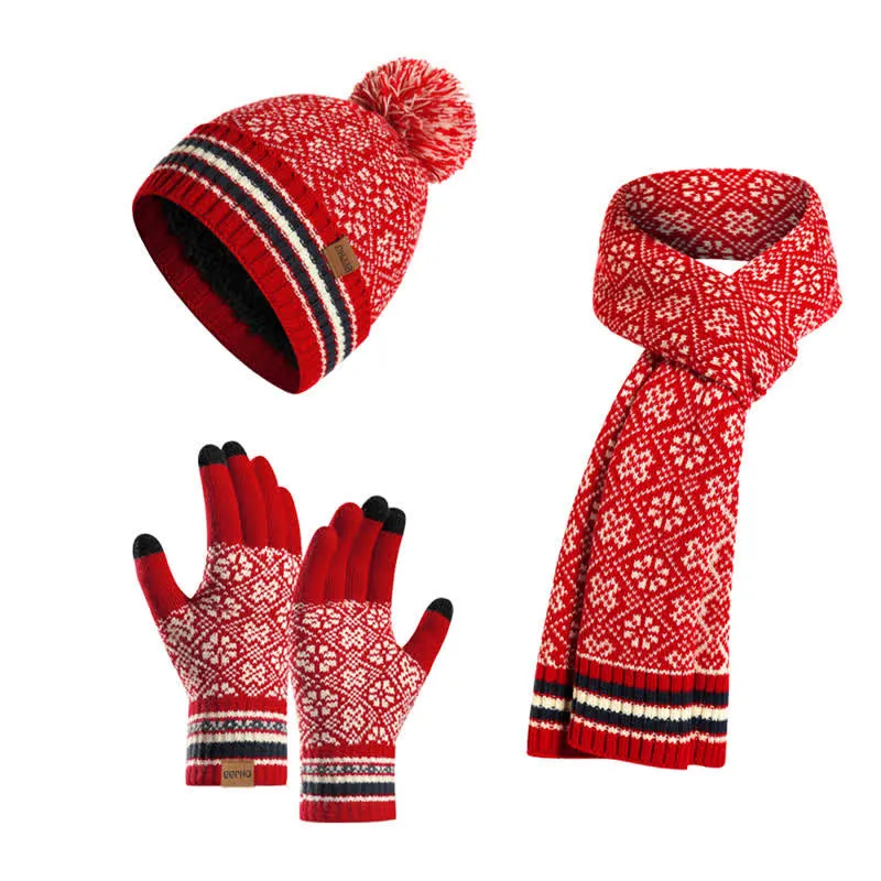 3Pcs Unisex Snowflake Hat Scarf Touchscreen Gloves Set