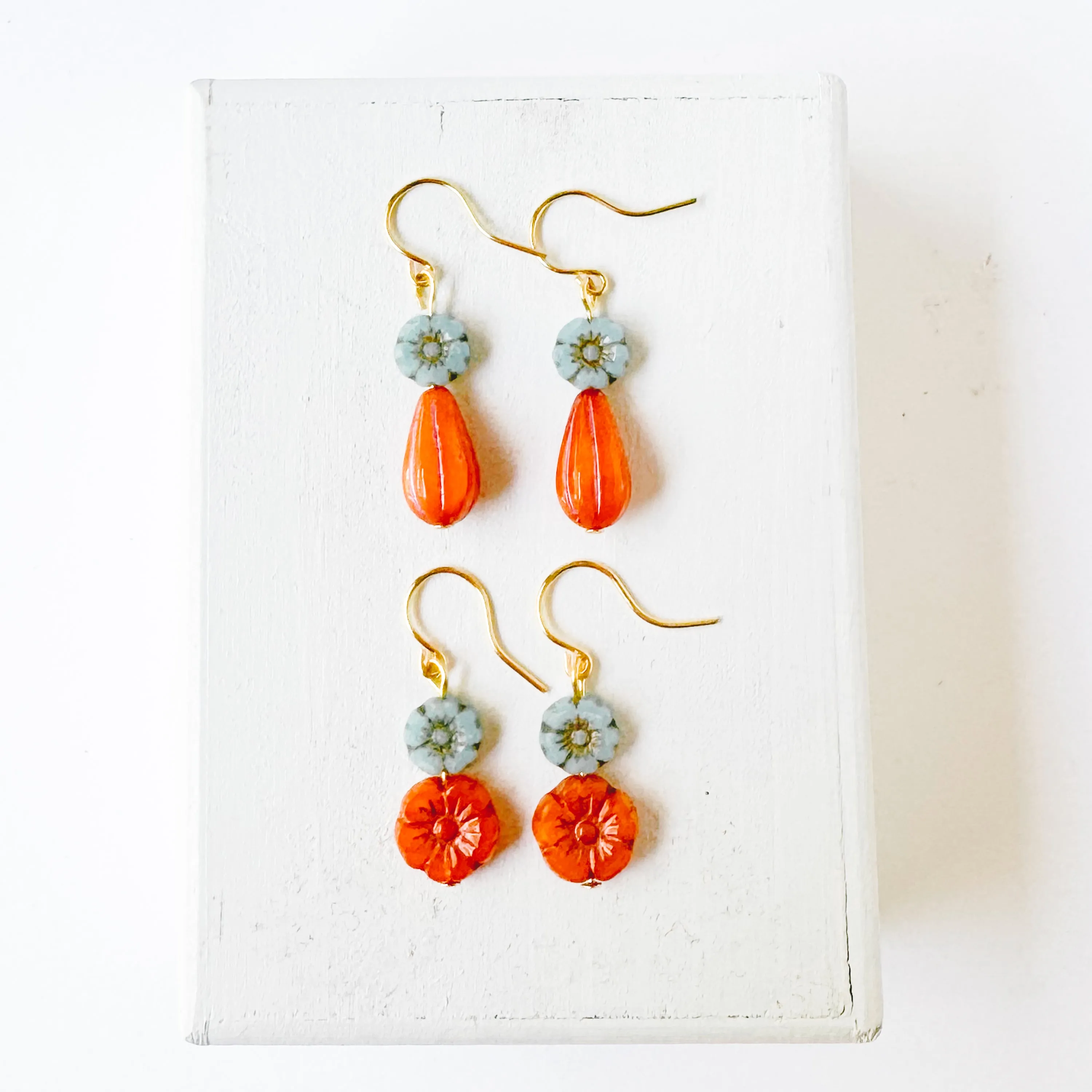 Blue and Orange Glass Flower Earrings -WS