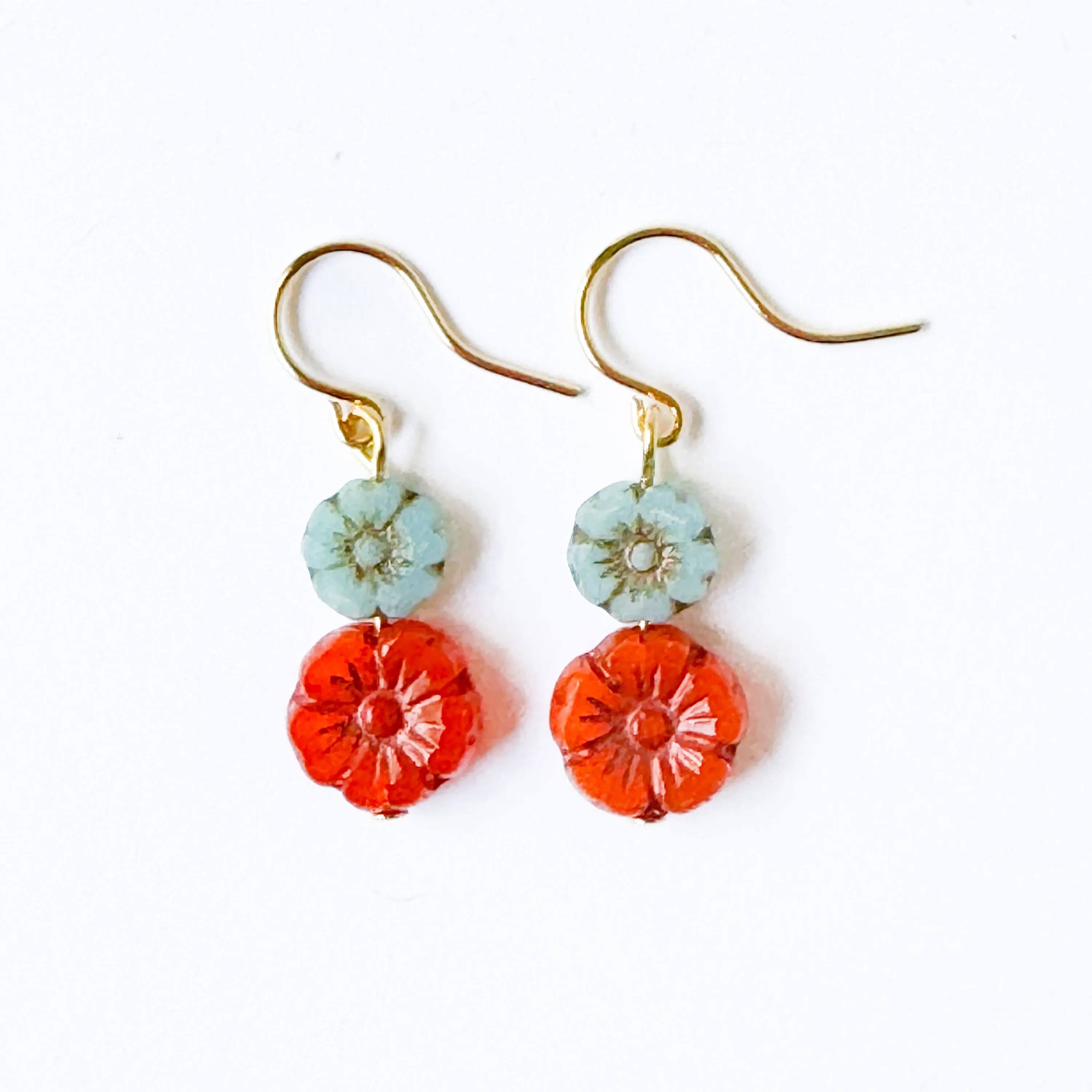 Blue and Orange Glass Flower Earrings -WS