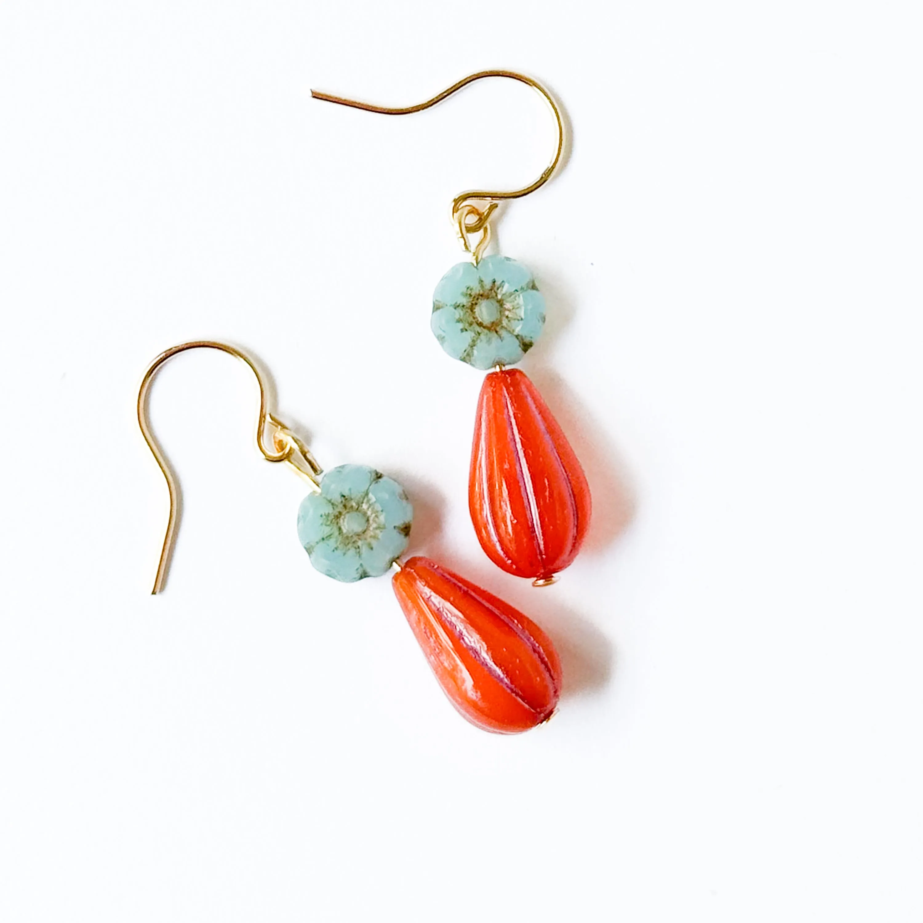 Blue and Orange Glass Flower Earrings -WS