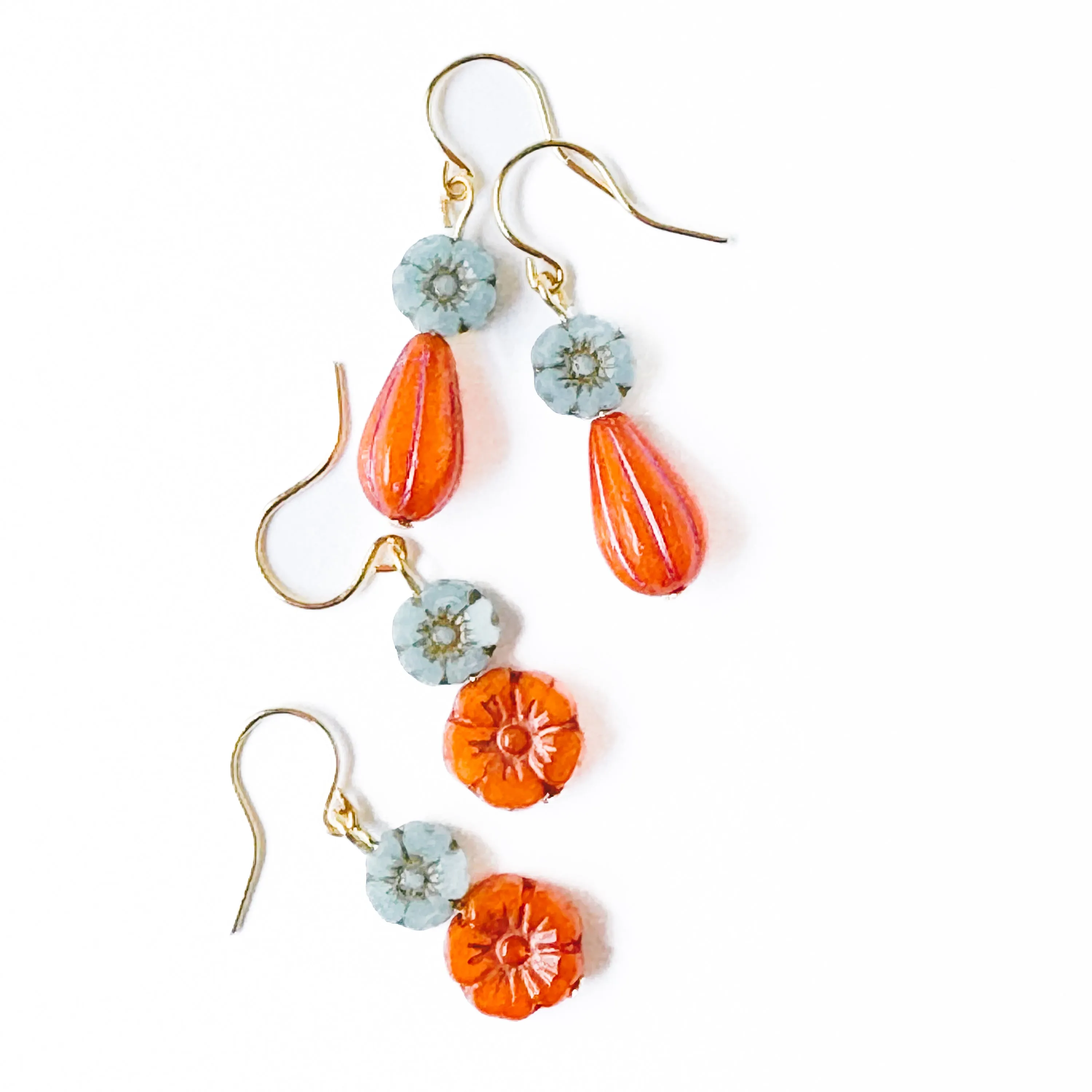 Blue and Orange Glass Flower Earrings -WS