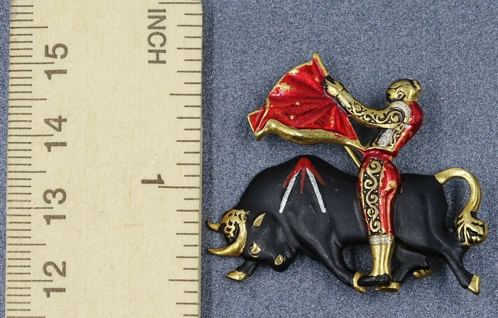 Bull Fighting Enamel & Gold Toned Vintage Brooch