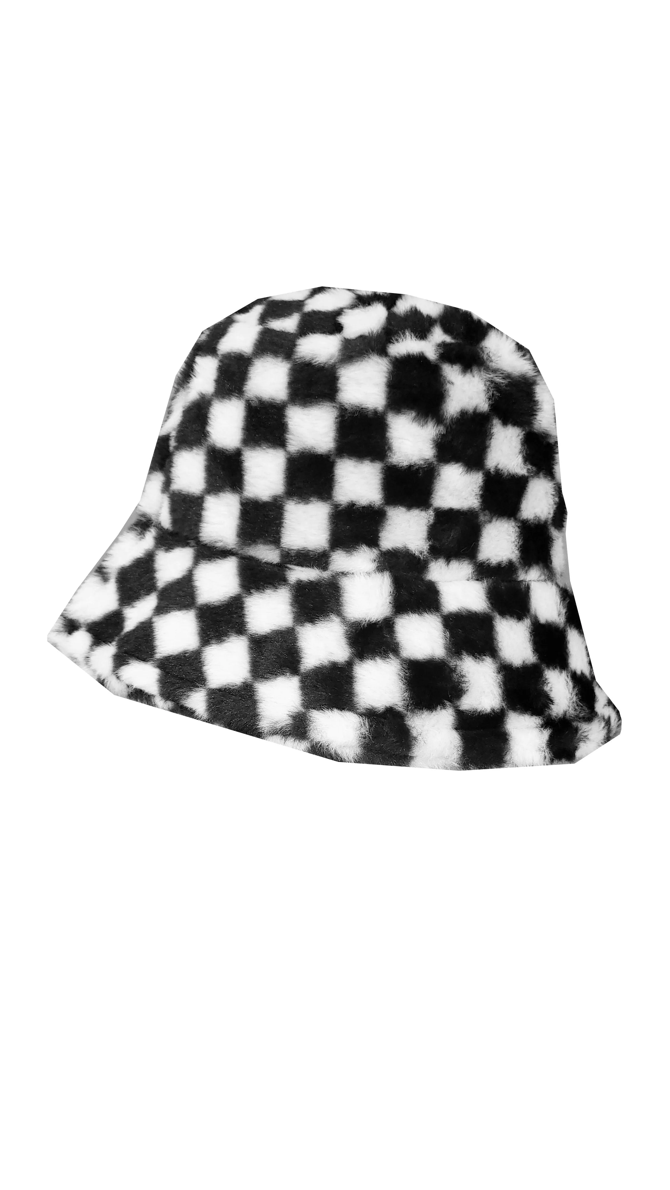 Checkerboard Print Patterned Fluffy Fleece Lined Bucket Hat For Winter (ADULT & CHILD SIZES)