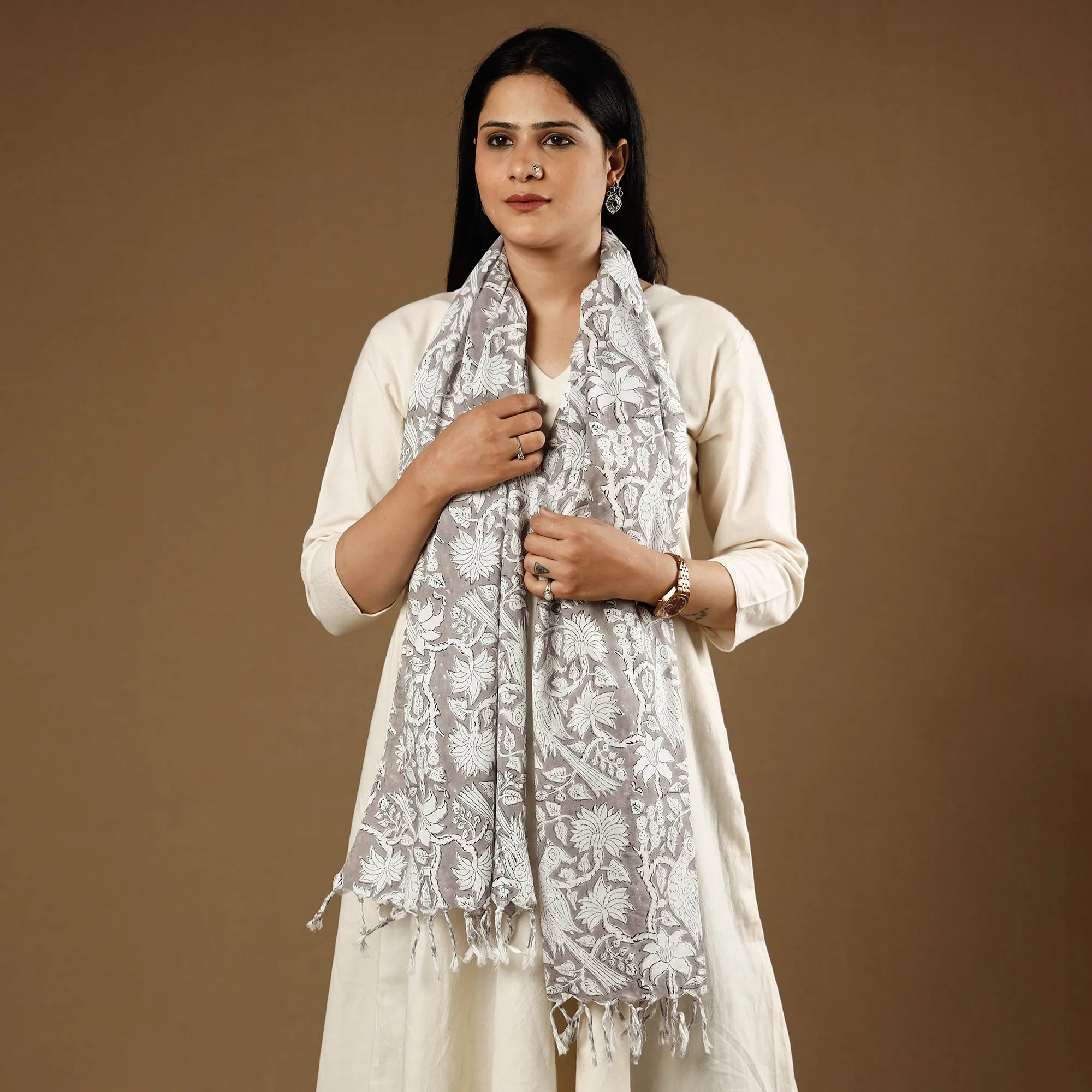 Chidiya Butti Grey with White Sanganeri Block Printed Cotton Stoles With Tassels