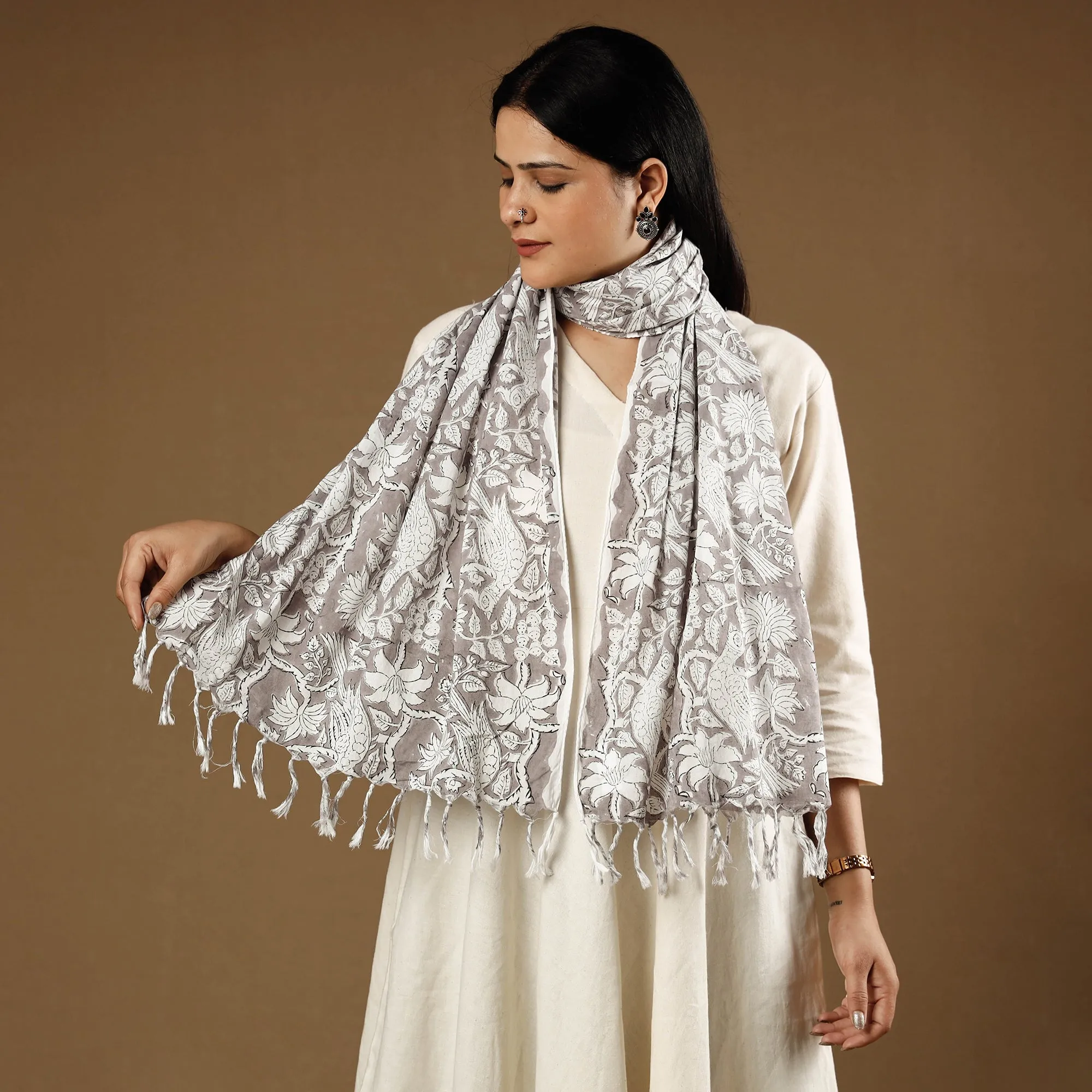 Chidiya Butti Grey with White Sanganeri Block Printed Cotton Stoles With Tassels