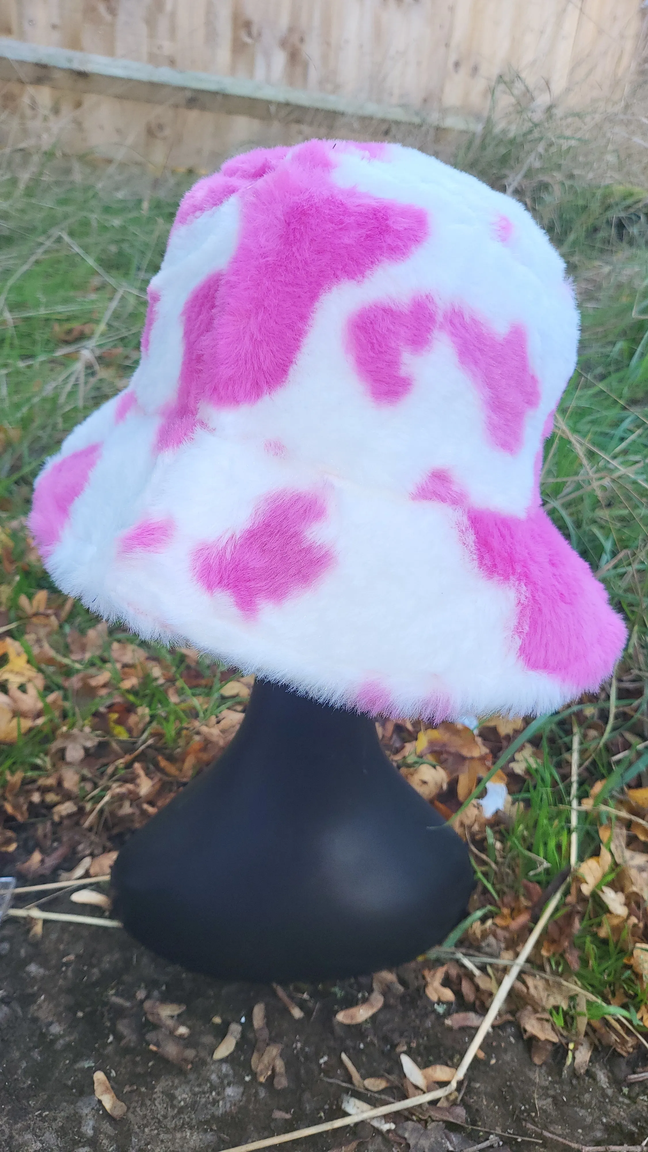 Cow Print Patterned Fluffy Fleece Lined Bucket Hat For Winter (ADULT & CHILD SIZES)