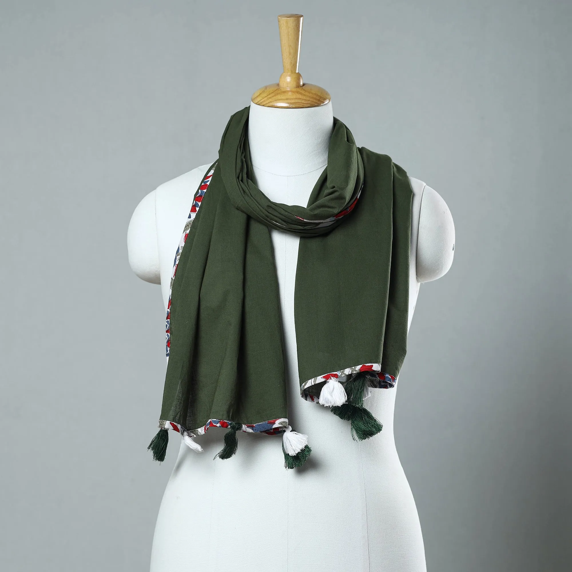 Green - Plain Cotton Stole with Tassels 15