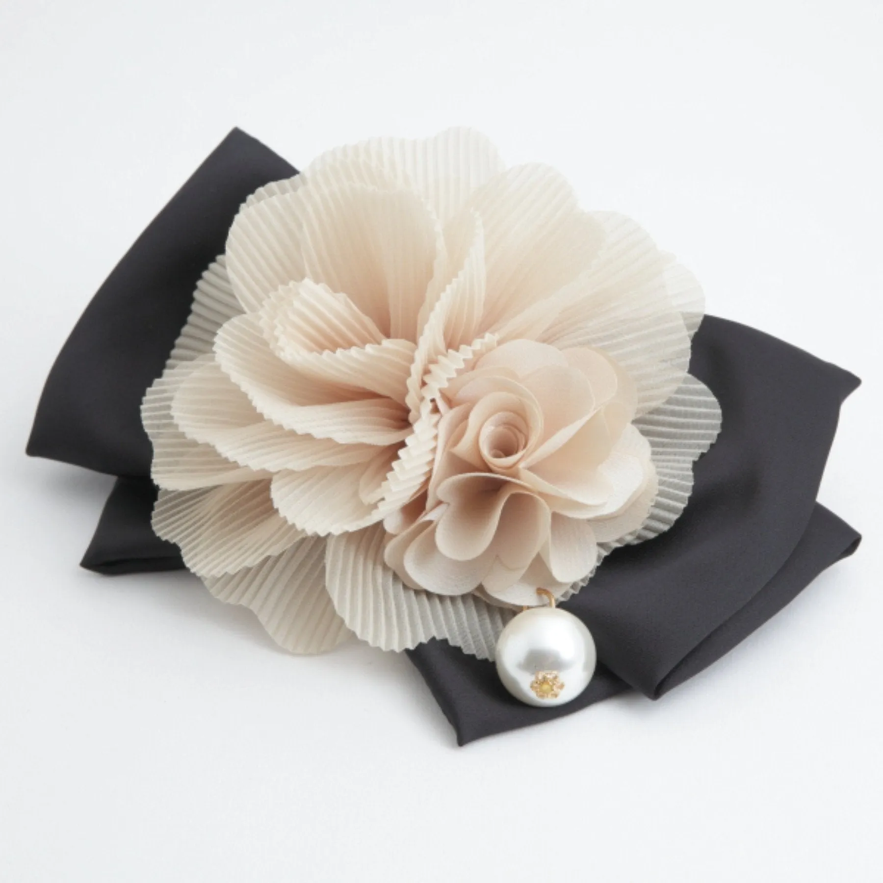 Handmade Chiffon Pleated Flower Black Bow French Hair Barrettes