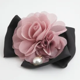 Handmade Chiffon Pleated Flower Black Bow French Hair Barrettes