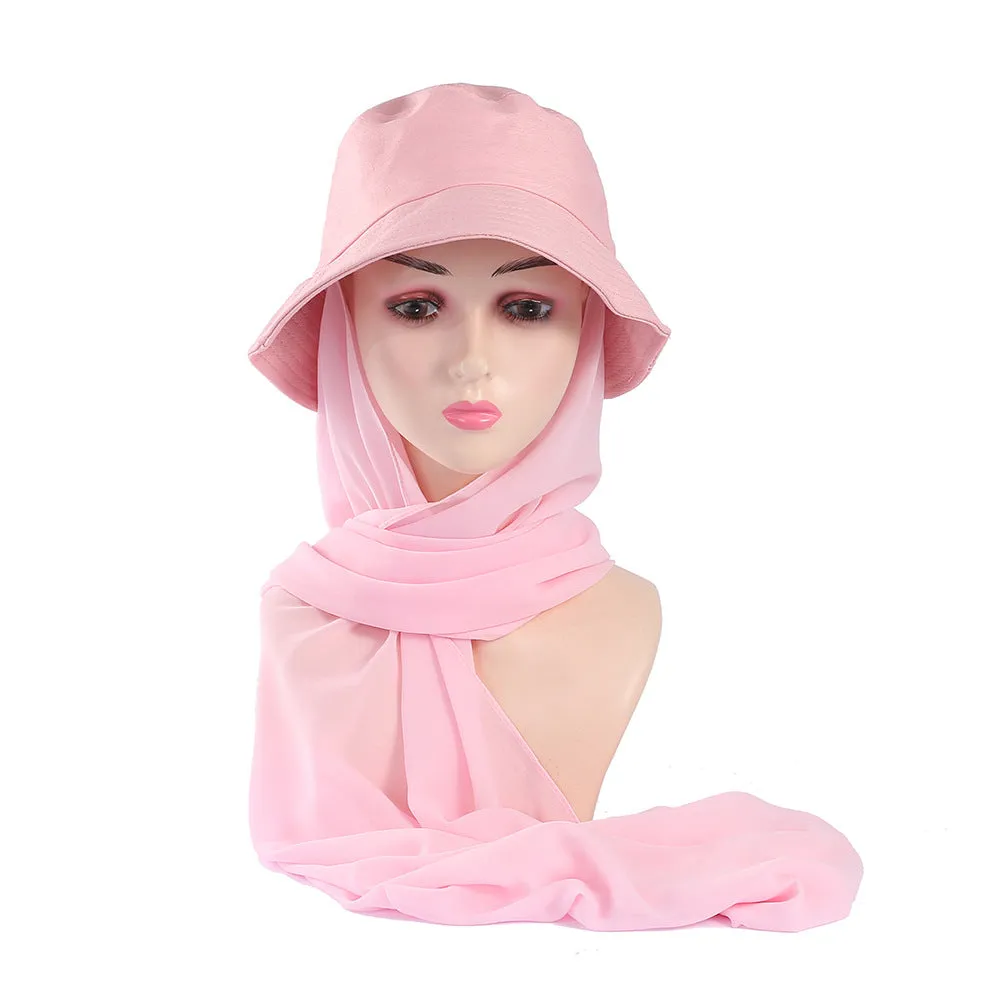 JM42 Solid color sun protection shawl 2 pieces chiffon fisherman hat fashionable flat bottom sun hat