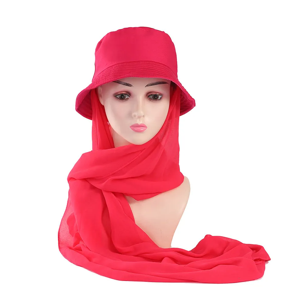 JM42 Solid color sun protection shawl 2 pieces chiffon fisherman hat fashionable flat bottom sun hat