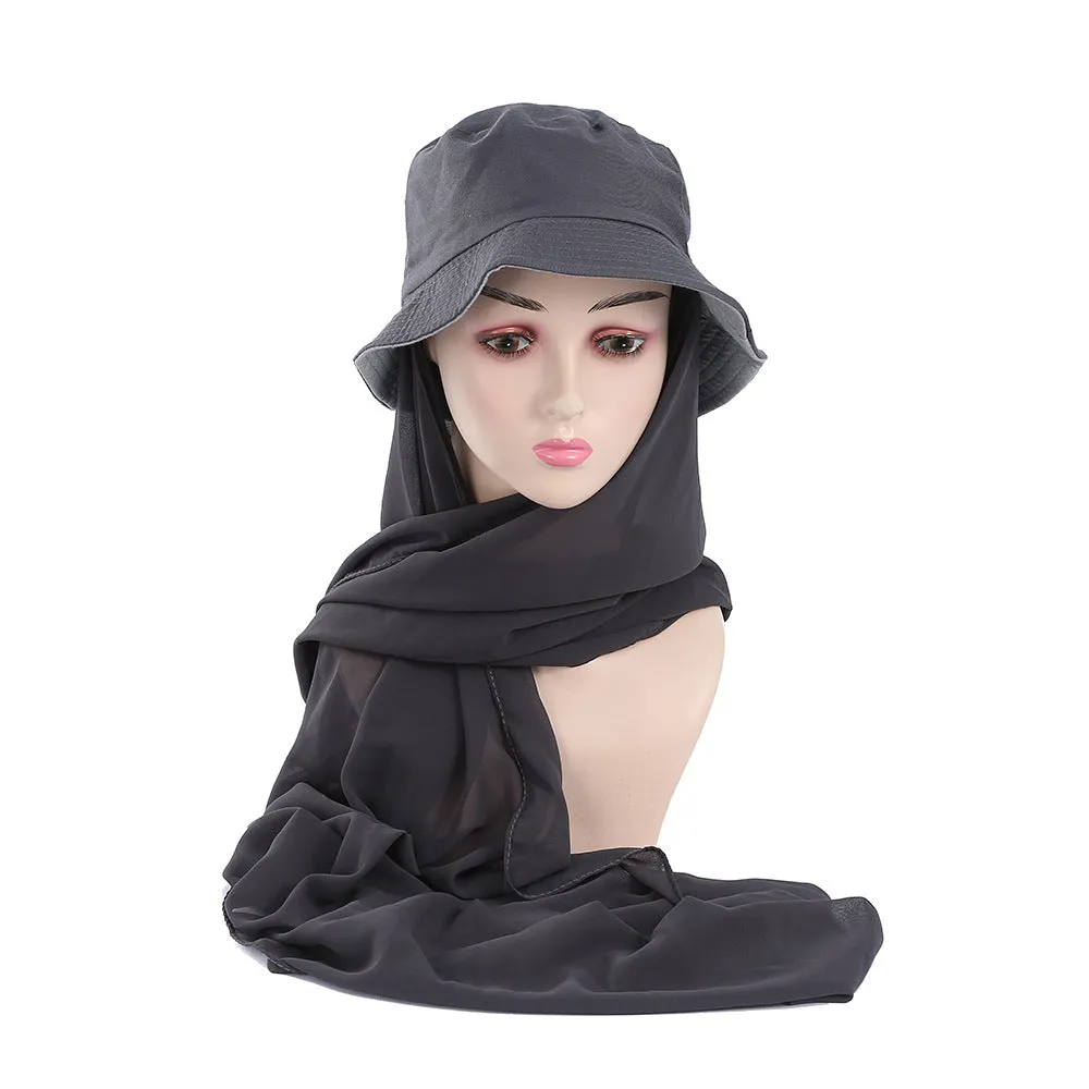 JM42 Solid color sun protection shawl 2 pieces chiffon fisherman hat fashionable flat bottom sun hat