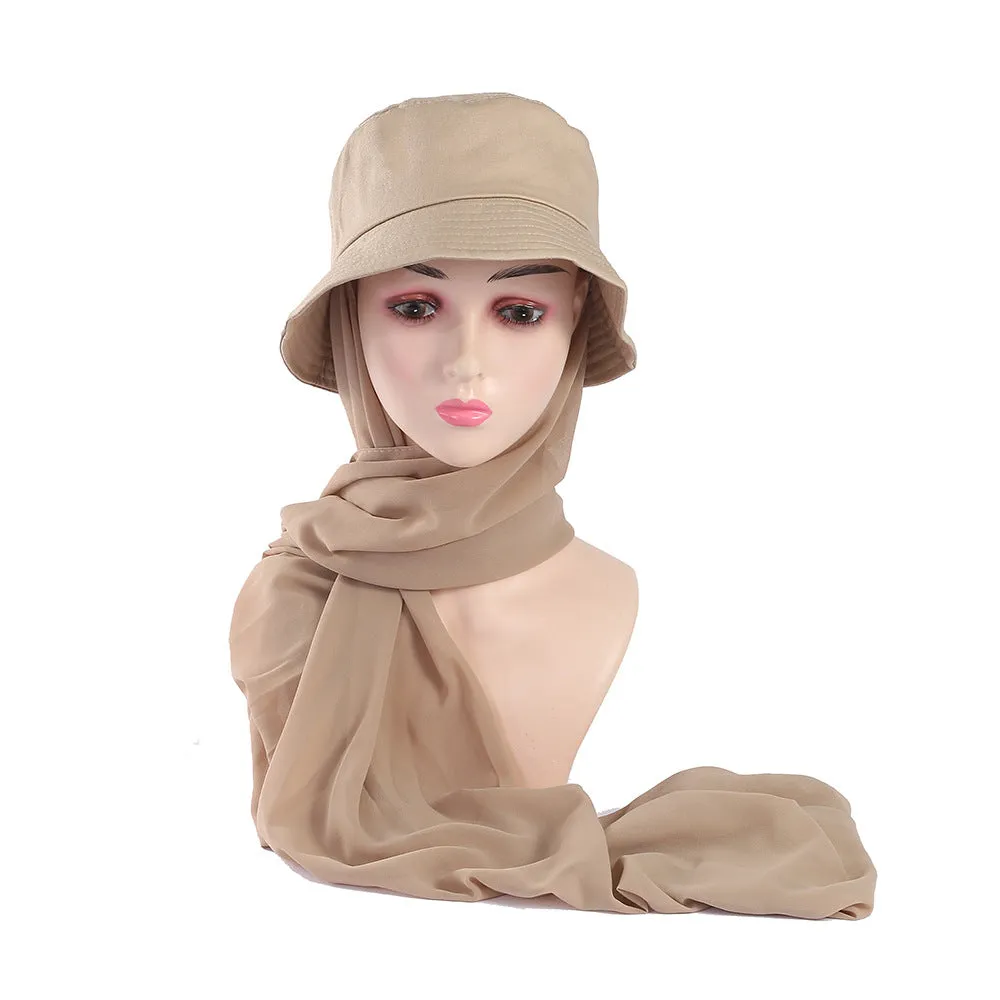 JM42 Solid color sun protection shawl 2 pieces chiffon fisherman hat fashionable flat bottom sun hat