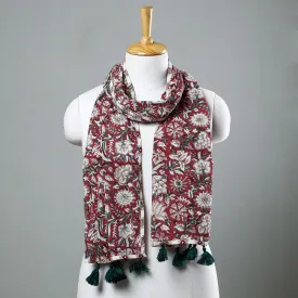 Maroon - Sanganeri Block Printed Cotton Stole with Tassels