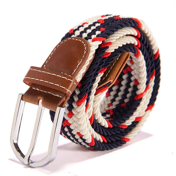 Men Women Waistband Unisex Canvas Woven Leather Pin Buckle Elastic Waist Belt