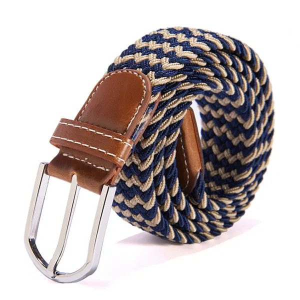 Men Women Waistband Unisex Canvas Woven Leather Pin Buckle Elastic Waist Belt