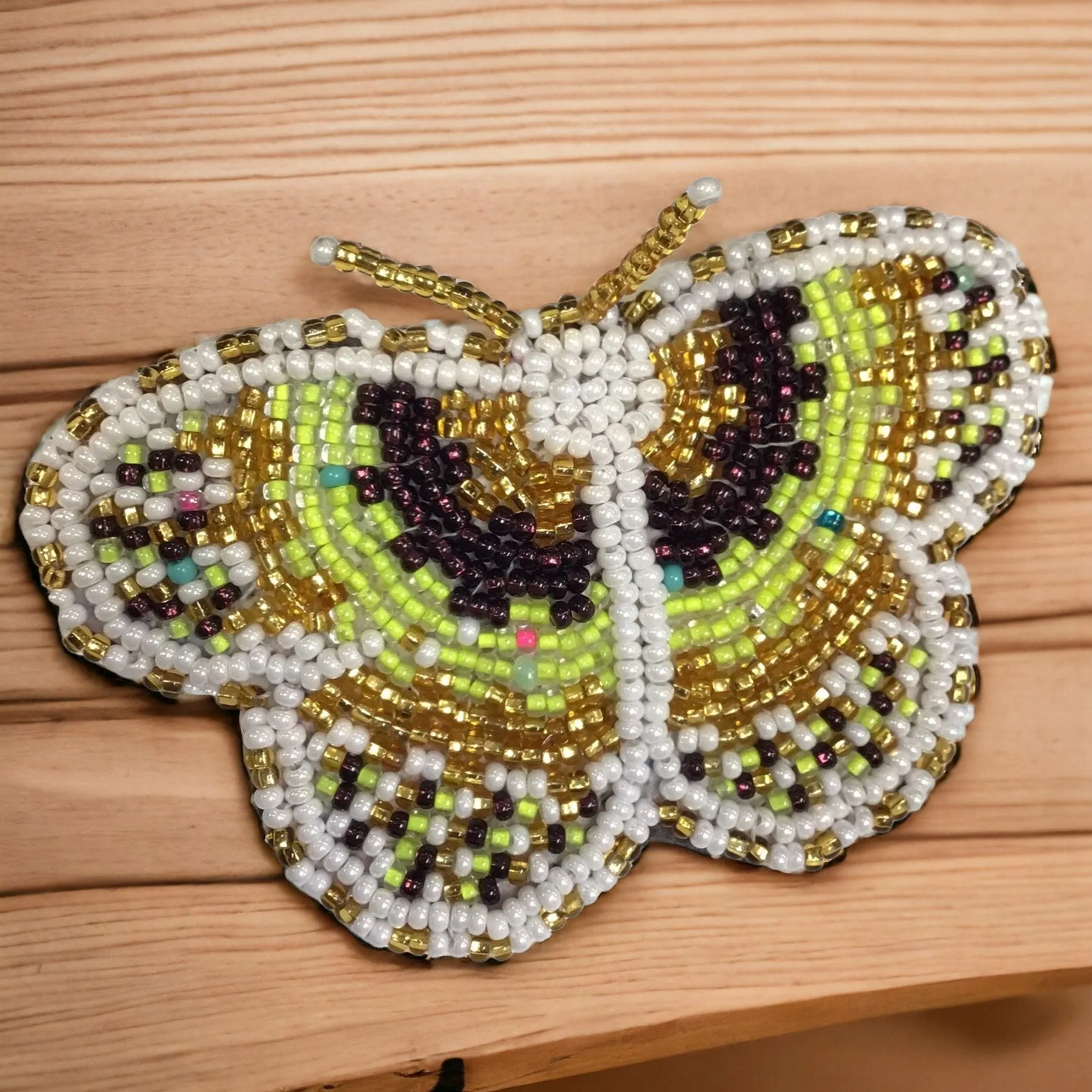 Neon yellow and White Butterfly Beaded Barrette