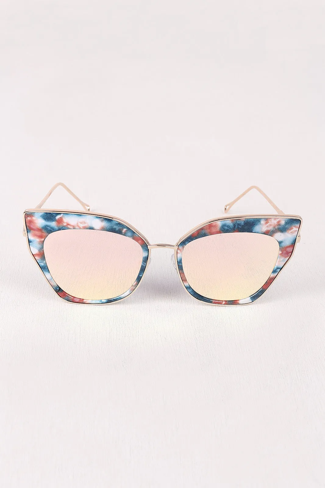 Printed Plastic And Metal Frame Mirrored Cat Eye Sunglasses