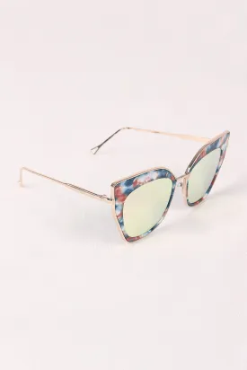 Printed Plastic And Metal Frame Mirrored Cat Eye Sunglasses