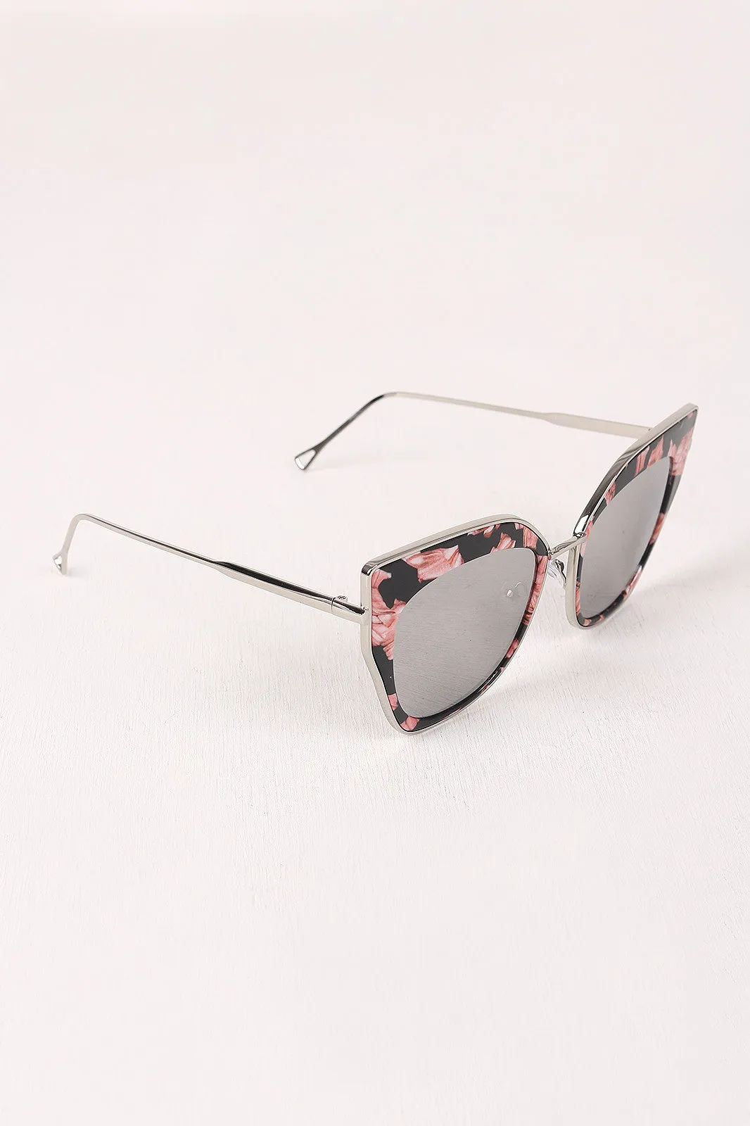 Printed Plastic And Metal Frame Mirrored Cat Eye Sunglasses