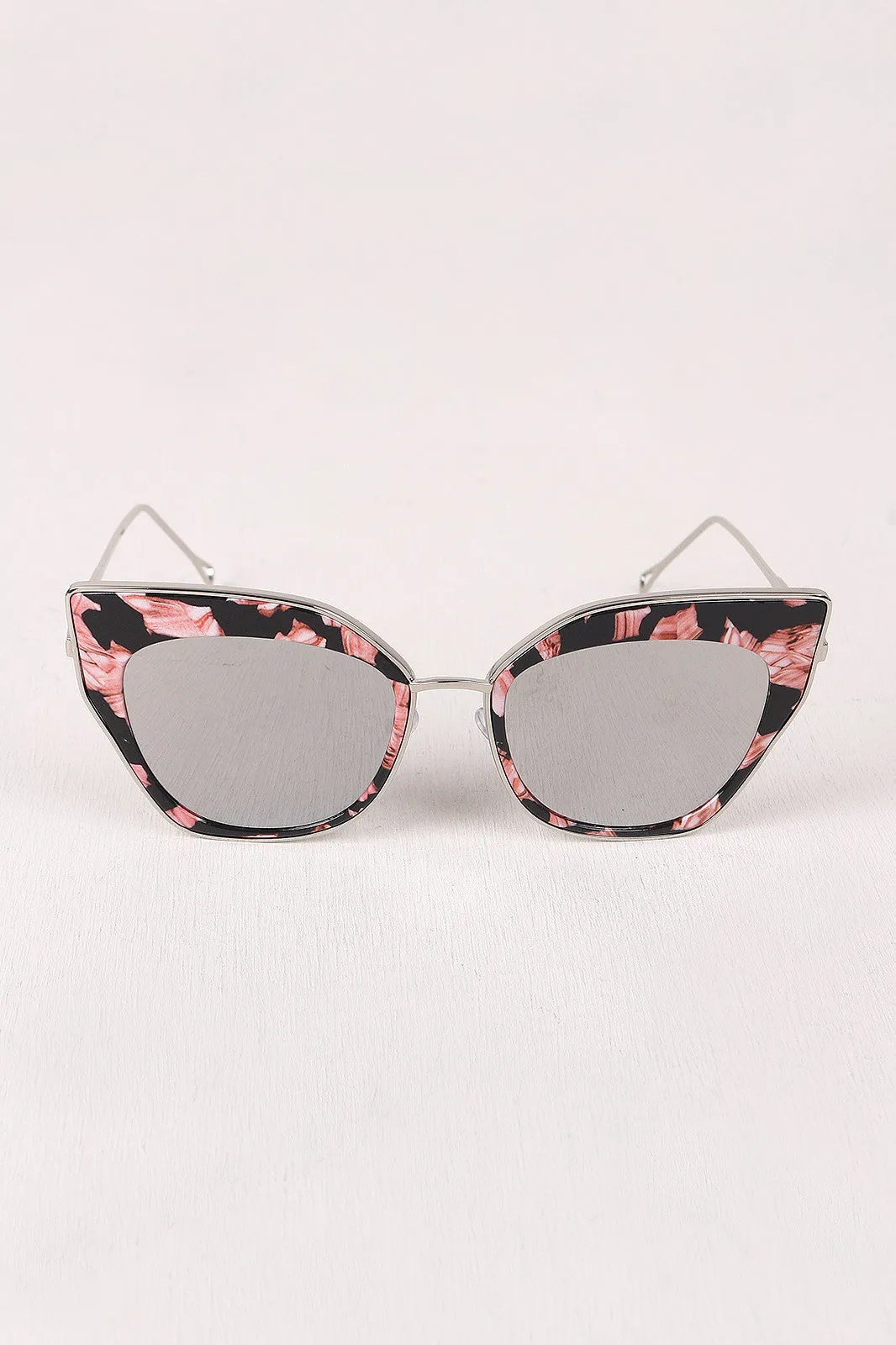 Printed Plastic And Metal Frame Mirrored Cat Eye Sunglasses