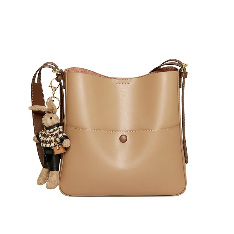 Rabbit Charm Cappuccino Crossbody Bucket Bag