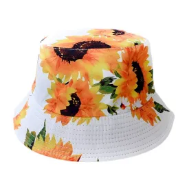 Reversible Sunflower Printed Bucket Hat- White