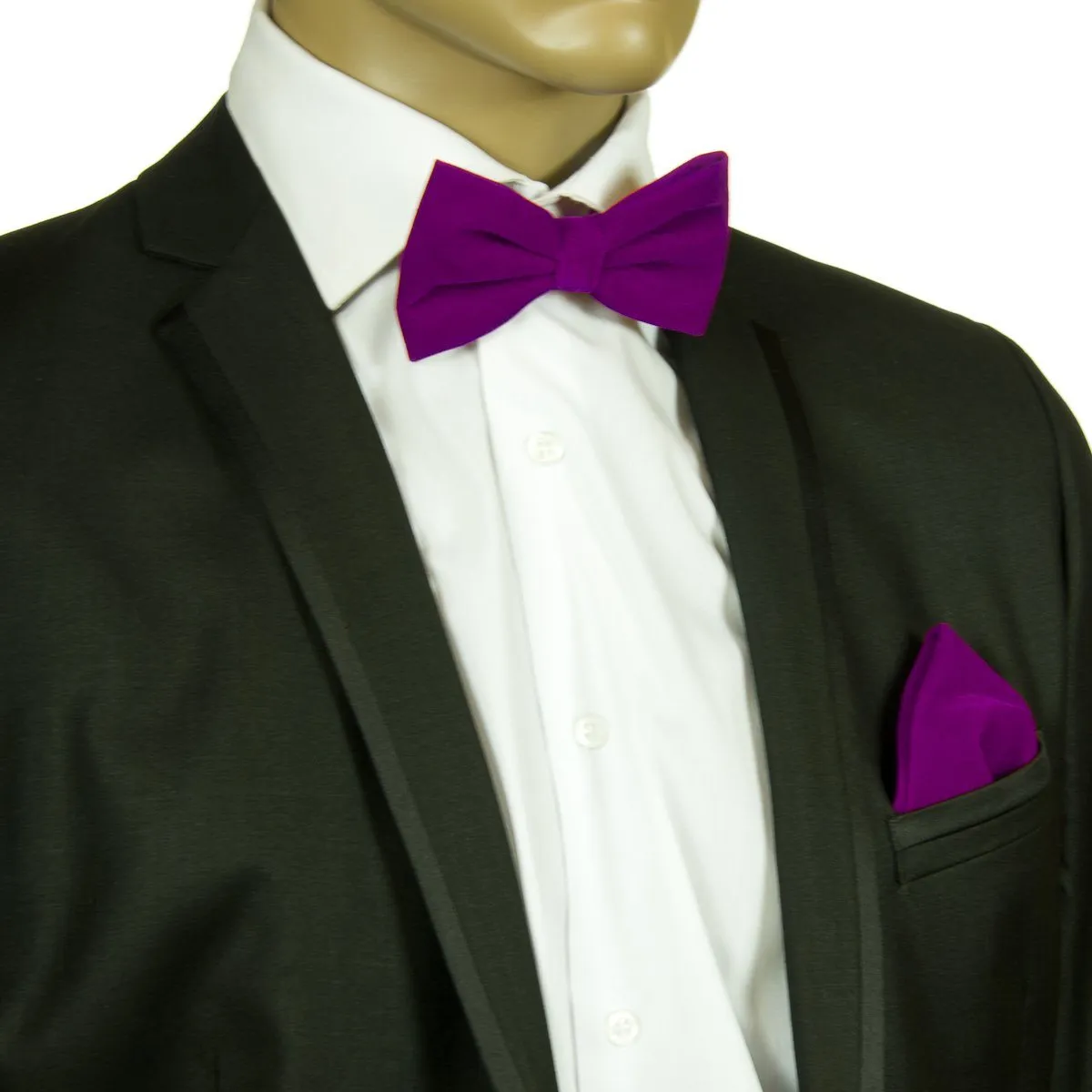 Solid Purple VELVET Bow Tie and Pocket Square Set