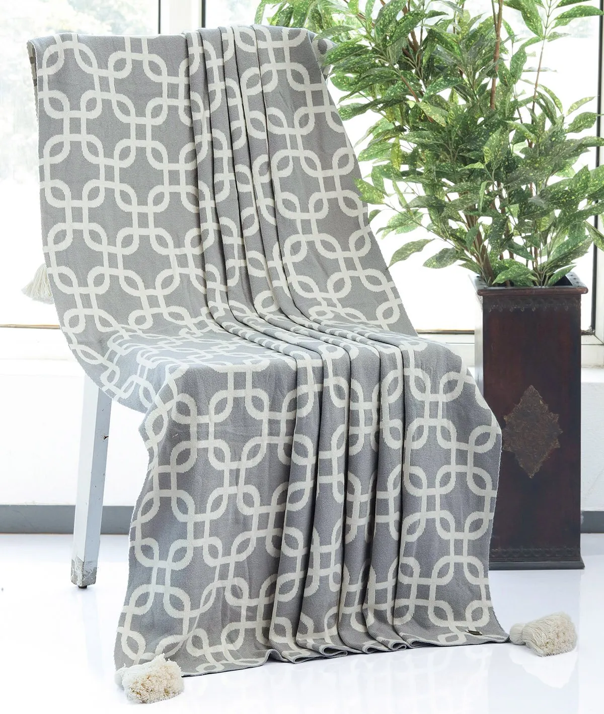 Stroke - Light Grey & Natural 100% Cotton Knitted All Season AC Throw Blanket