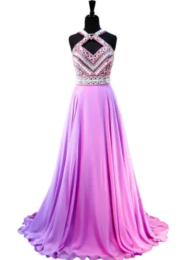 Top Beaded Crystal Light Purple Chiffon Backless Prom Dress