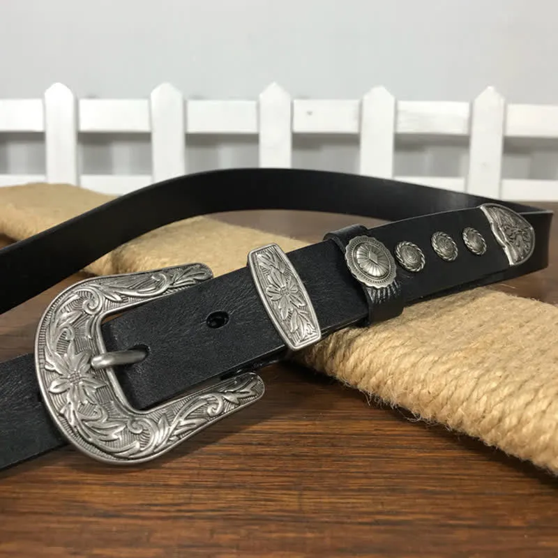 Vintage Carved Flower Buckle Rivet Studded Leather Belt